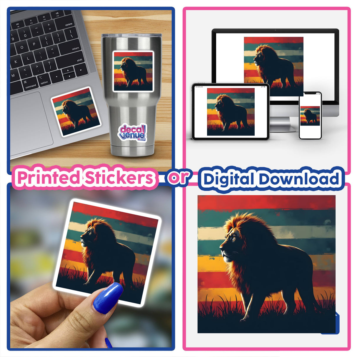 Lion Silhouette with Striking Color Stripes displayed on a laptop screen, perfect as stickers or digital artwork, showcasing a vibrant lion on a contrasting background.