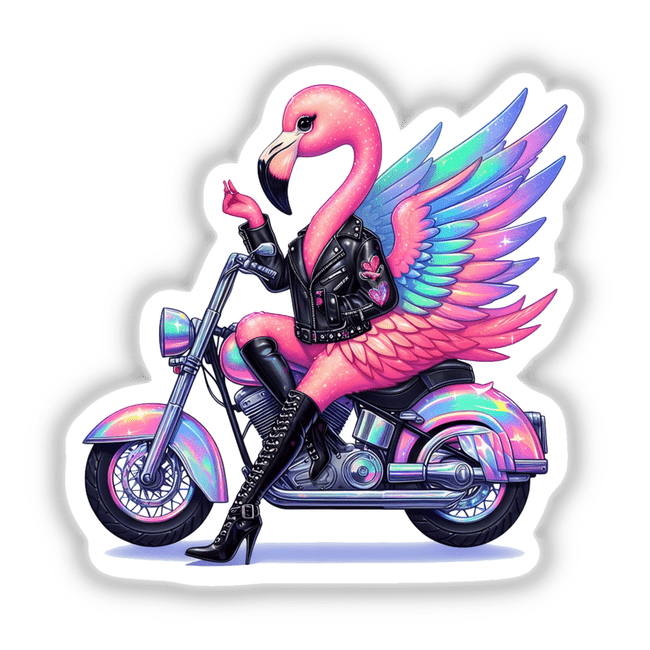 Girlie Flamingo Biker Chic sticker or digital art, featuring a whimsical flamingo with a biker theme, embodying Decal Venue’s unique style in vinyl stickers and digital artwork.