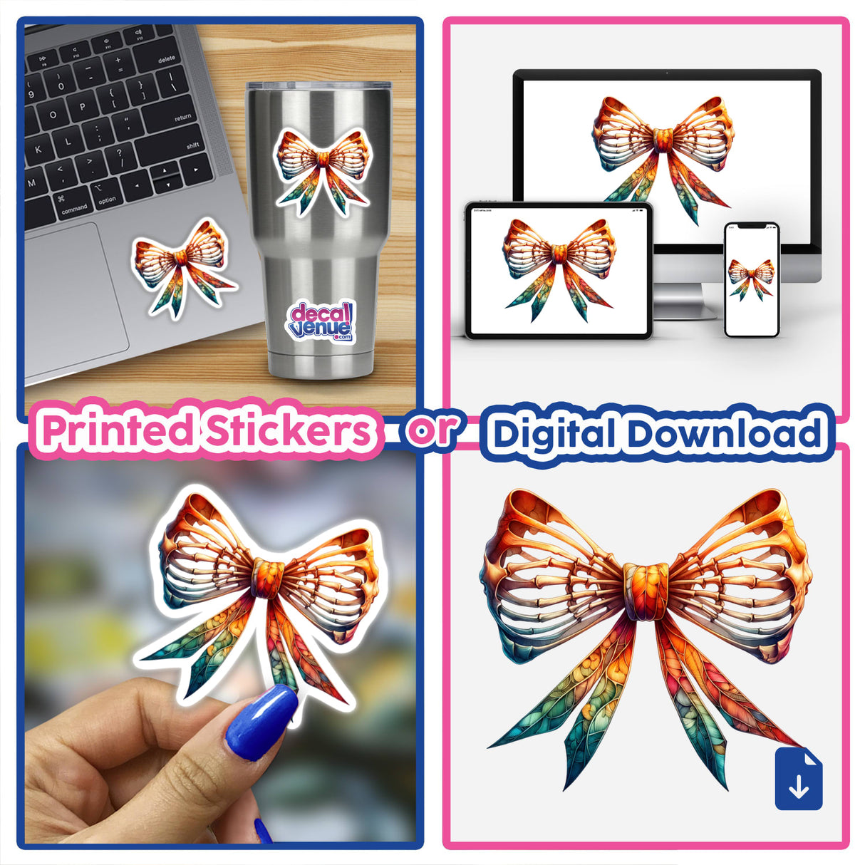 Skeleton Coquette Bow stickers and digital downloads collage: stickers on cup, laptop, phone, and more.