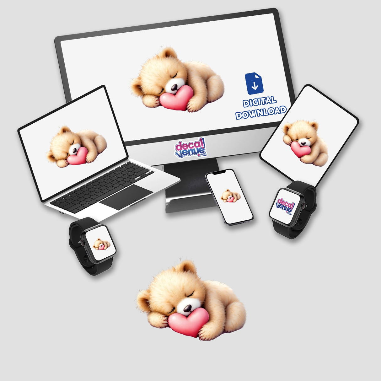 Baby Bear Sleeping on a Heart design displayed on a laptop, monitor, and phone, showcasing its versatility as stickers and digital art from Decal Venue.