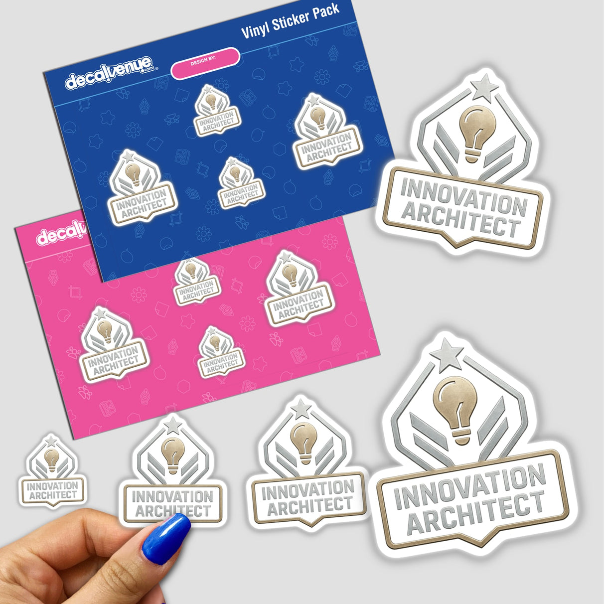 Innovation Architect – RPG-Style Skill Badge: A gold and silver futuristic shield design available as vinyl stickers or digital artwork, reflecting Decal Venue's unique and creative digital art offerings.