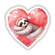 Watercolor Sleeping Sloth on a Heart, depicting a charming sloth embracing a heart, ideal as a durable sticker or digital artwork for nature and art enthusiasts.