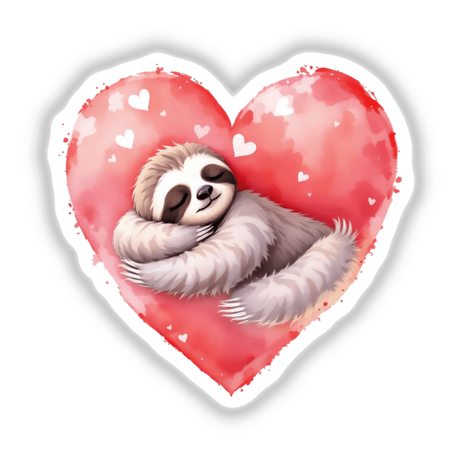 Watercolor Sleeping Sloth on a Heart, depicting a charming sloth embracing a heart, ideal as a durable sticker or digital artwork for nature and art enthusiasts.