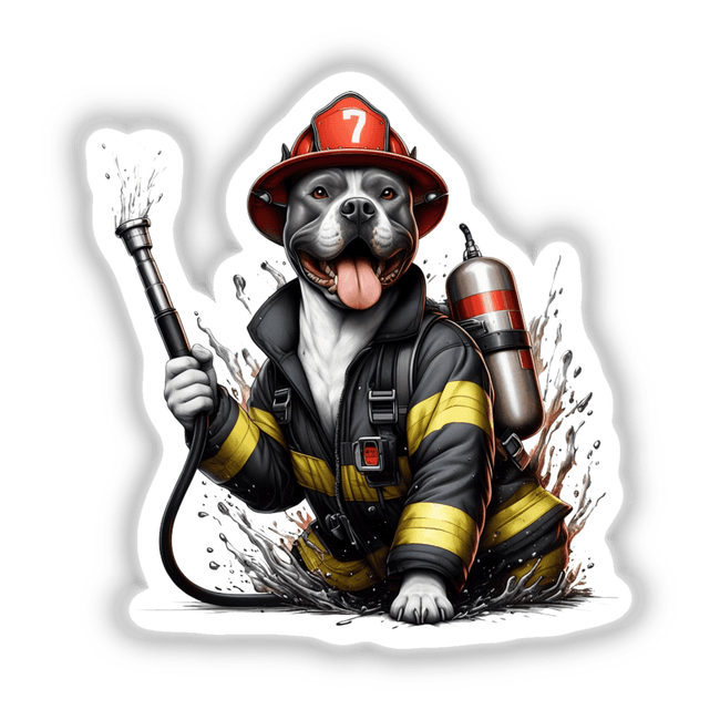 Firefighter Pitbull Dog with Hose depicted as a cartoon character in a firefighter outfit, offered as a sticker or digital artwork from Decal Venue's unique collection.