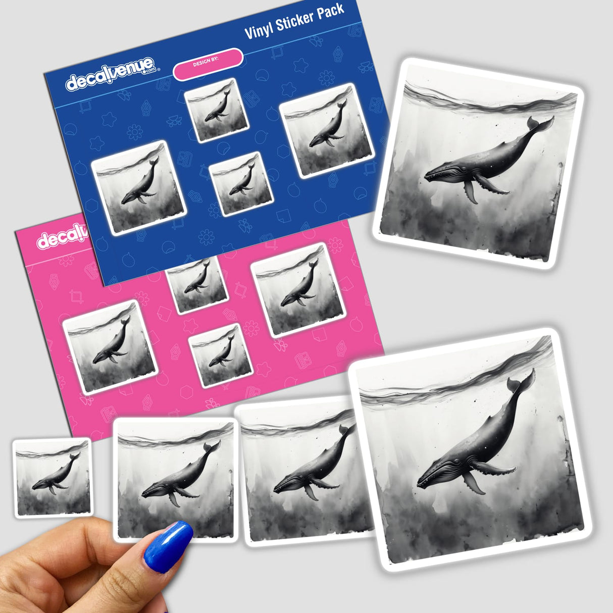 Sumi-e Whale Beneath Ocean Waves Japanese Ink and Wash Painting, available as stickers or digital artwork, showcases a whale elegantly swimming under stylized ocean waves, reflecting traditional Japanese art style.