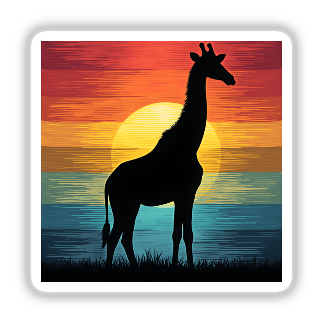 Giraffe Silhouette with Dynamic Color Stripes featuring a giraffe silhouette against a sunset background, available as stickers or digital artwork from Decal Venue.