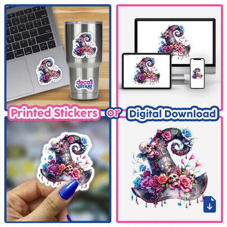 Halloween Witch Hat with Skulls sticker collage featuring skulls and roses, displayed on items like laptops and cups, available as unique stickers or digital artwork from Decal Venue.