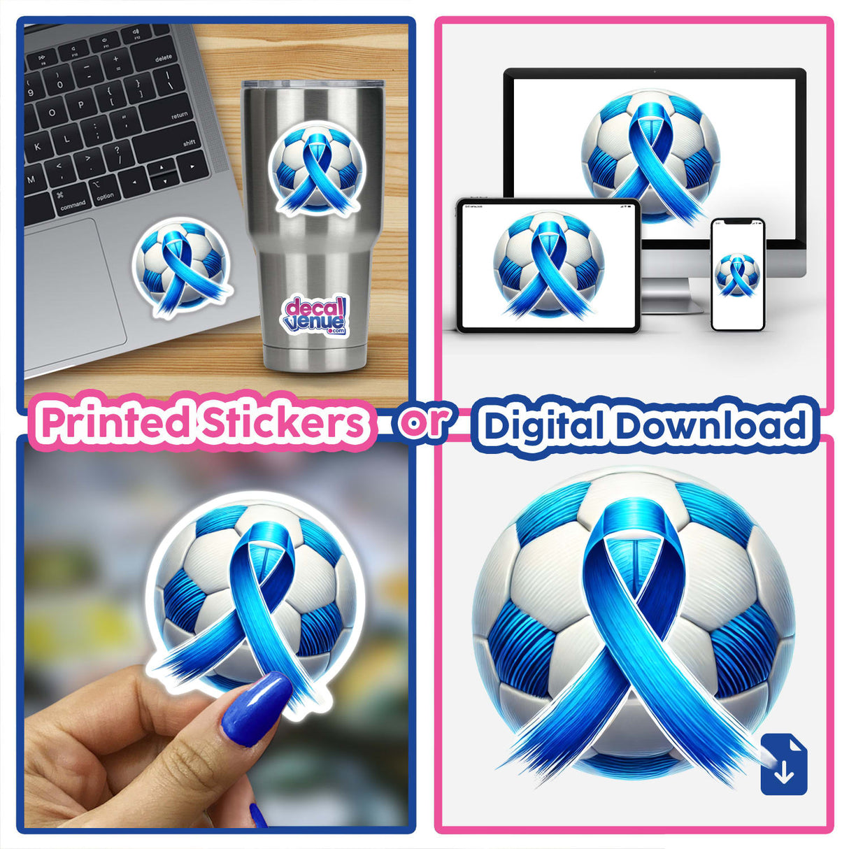 Soccer Ball Blue Ribbon collage showing a football with a blue ribbon, a laptop, and artistic elements. Available as Stickers or Digital Artwork from Decal Venue.
