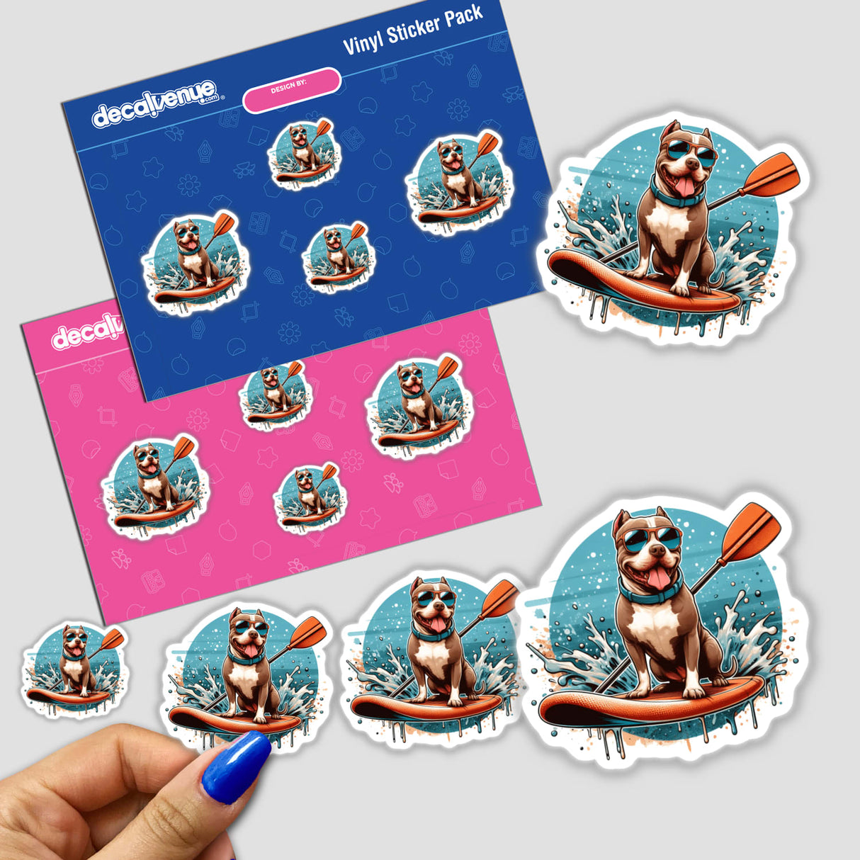 Retro Paddleboard Pitbull Dog sticker featuring a cartoon dog wearing sunglasses and a blue collar, riding a surfboard. Available as stickers or digital artwork from Decal Venue.