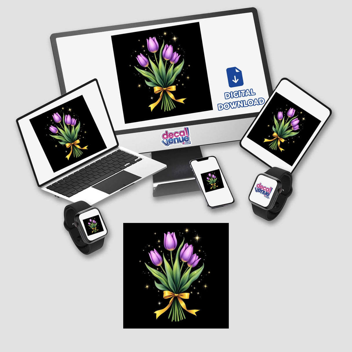 Purple Tulip Bouquet with Yellow Ribbon and Silver Stars featured on various electronic screens, showcasing the design as stickers or digital artwork, highlighting Decal Venue's unique offerings.