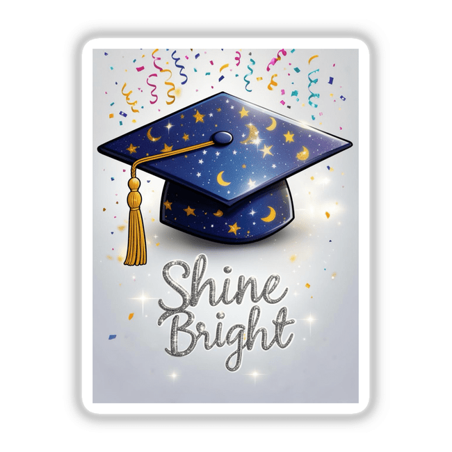Celestial Graduation Cap with Shine Bright Text and Confetti featuring intricate star motifs, available as stickers or digital artwork, embodies Decal Venue's unique vinyl and digital art style.