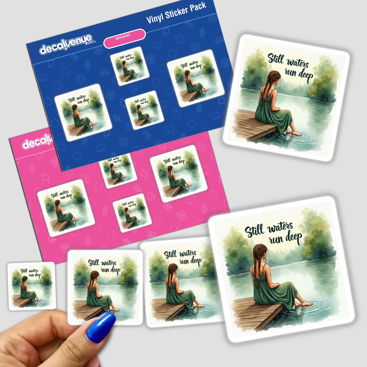 Woman on a Pier by a Lake – “Still waters run deep” sticker features a woman seated on a dock, gazing contemplatively at the serene lake. Available as a sticker or digital artwork.