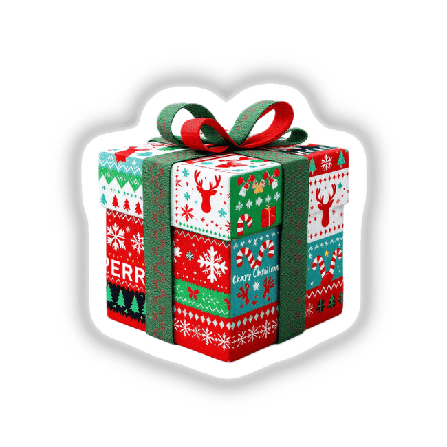 Present / Gift Ugly Christmas Sweater Style sticker featuring a wrapped gift box with red and green ribbon, capturing festive charm with intricate patterns, ideal for holiday-themed decor or digital artwork.