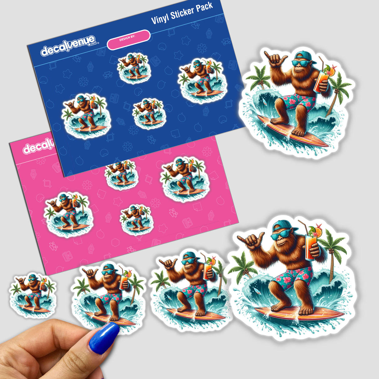 Surfing Tropical Beach Sasquatch depicted as a whimsical design available as stickers or digital artwork, reflecting Decal Venue's unique vinyl sticker and digital art offerings.