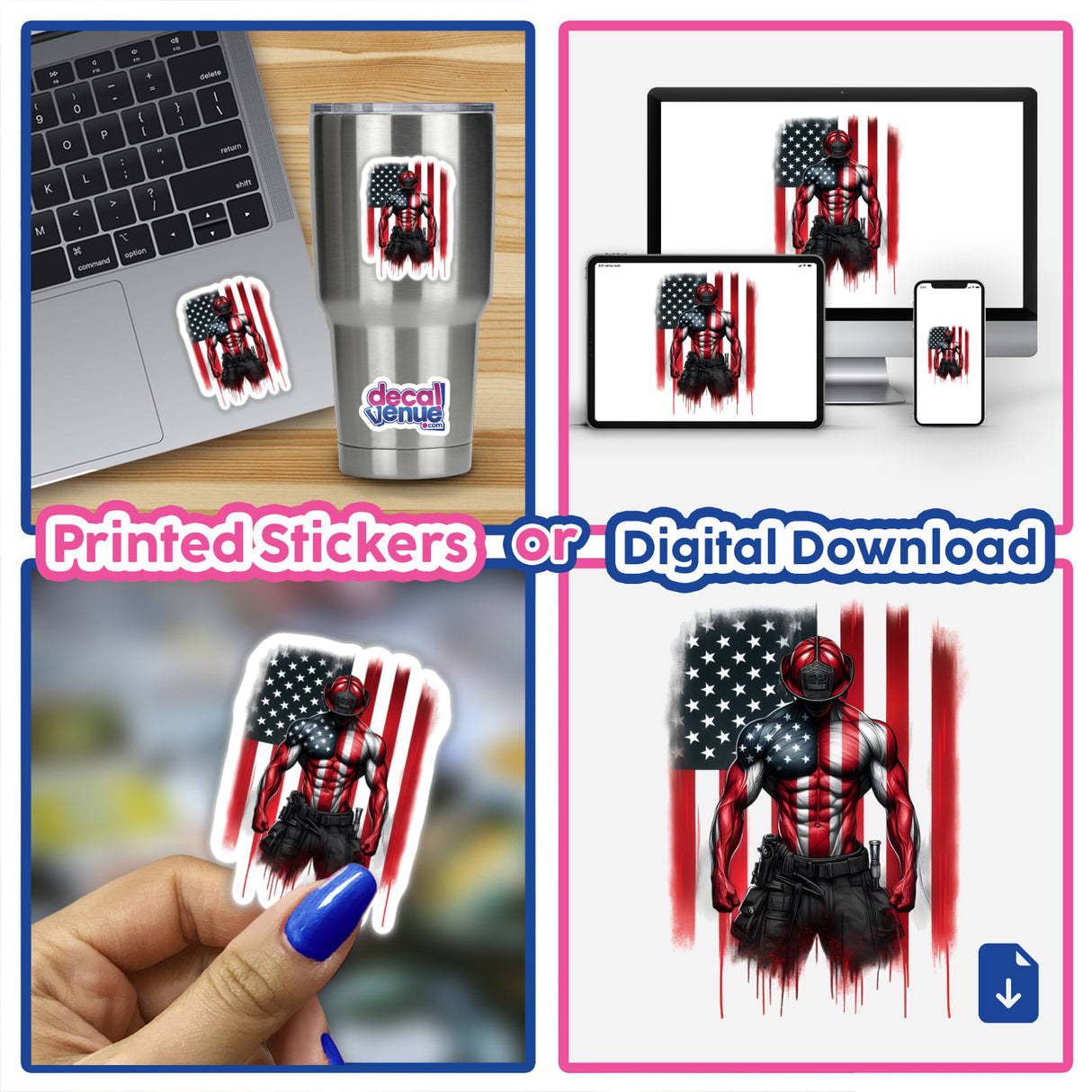 Collage featuring the Flexing Firefighter American Flag available as stickers or digital artwork, showcasing a laptop adorned with the design among various digital and physical elements.