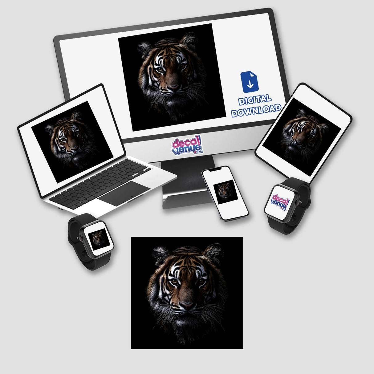 Cinematic Tiger Portrait on Black Background displayed on a computer monitor and smartwatch, available as unique stickers or digital artwork from Decal Venue.