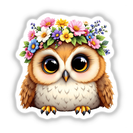 Whimsical Owl with a Spring Flower Crown, a cartoon owl adorned with vibrant flowers on its head, perfect as a sticker or digital art from Decal Venue.