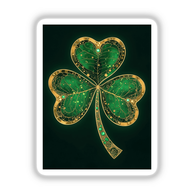 Shamrock – Green Clover with Gold and Emerald Accents, featuring a vibrant four-leaf clover design, available as stickers or digital artwork, highlighting unique artistry from Decal Venue.