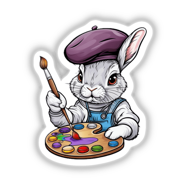 a white rabbit with a purple hat and a paint palette