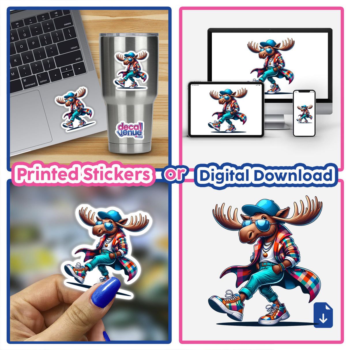 Hipster Moose collage featuring cartoon moose with sunglasses and hat, available as stickers or digital artwork.