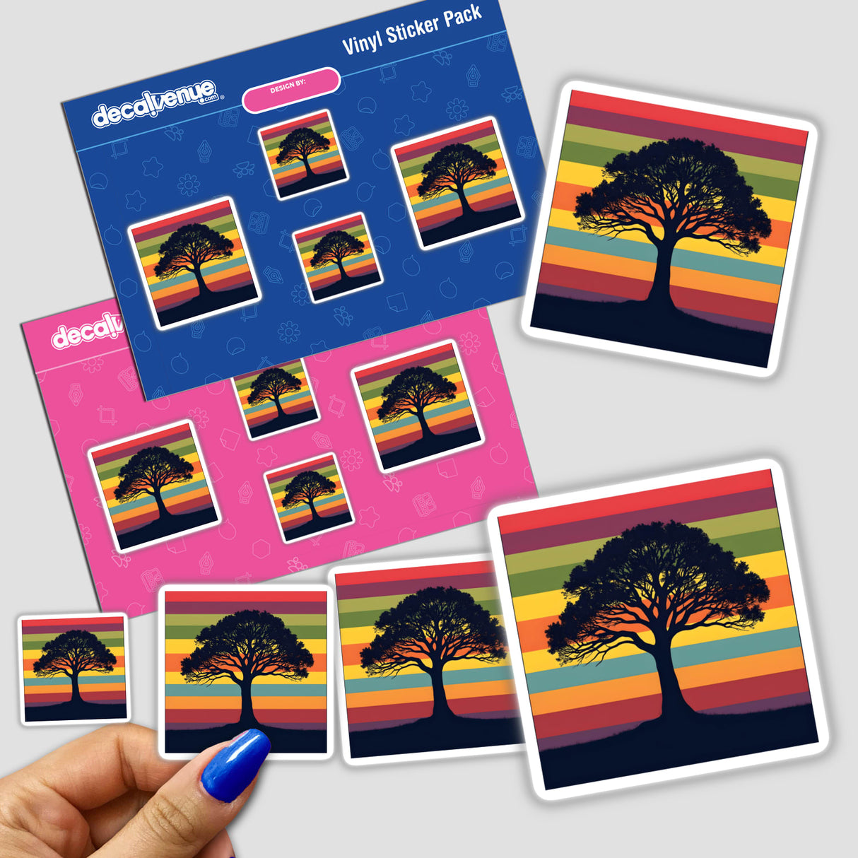 Tree of Life Silhouette with Bold Stripes sticker, showcasing a tree silhouette against a vibrant, striped background. A close-up of a hand holding the sticker highlights its intricate design.