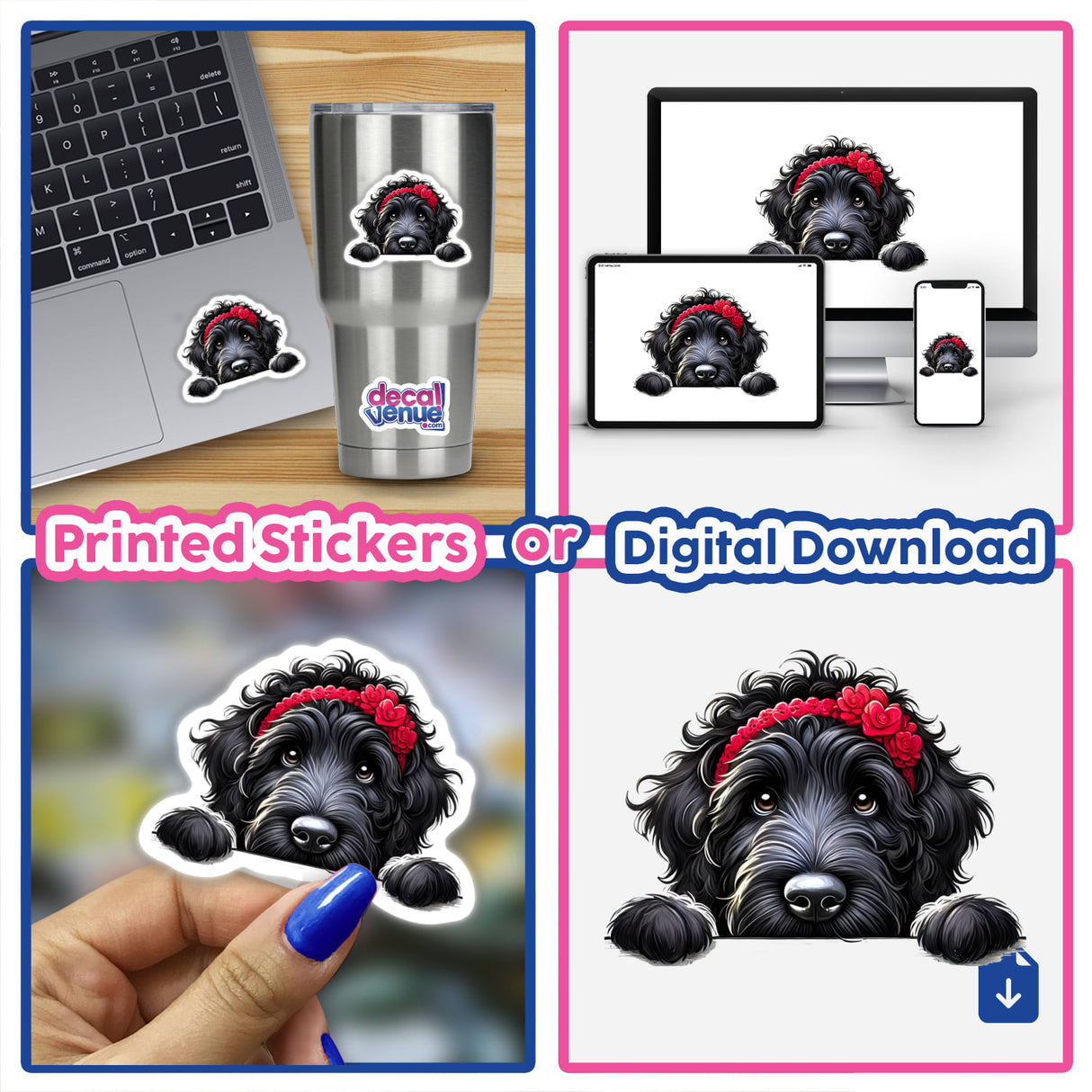 Peeking Black Goldendoodle Dog sticker on a laptop, showcasing a playful design with a dog's head peeking, available as a sticker or digital artwork from Decal Venue.