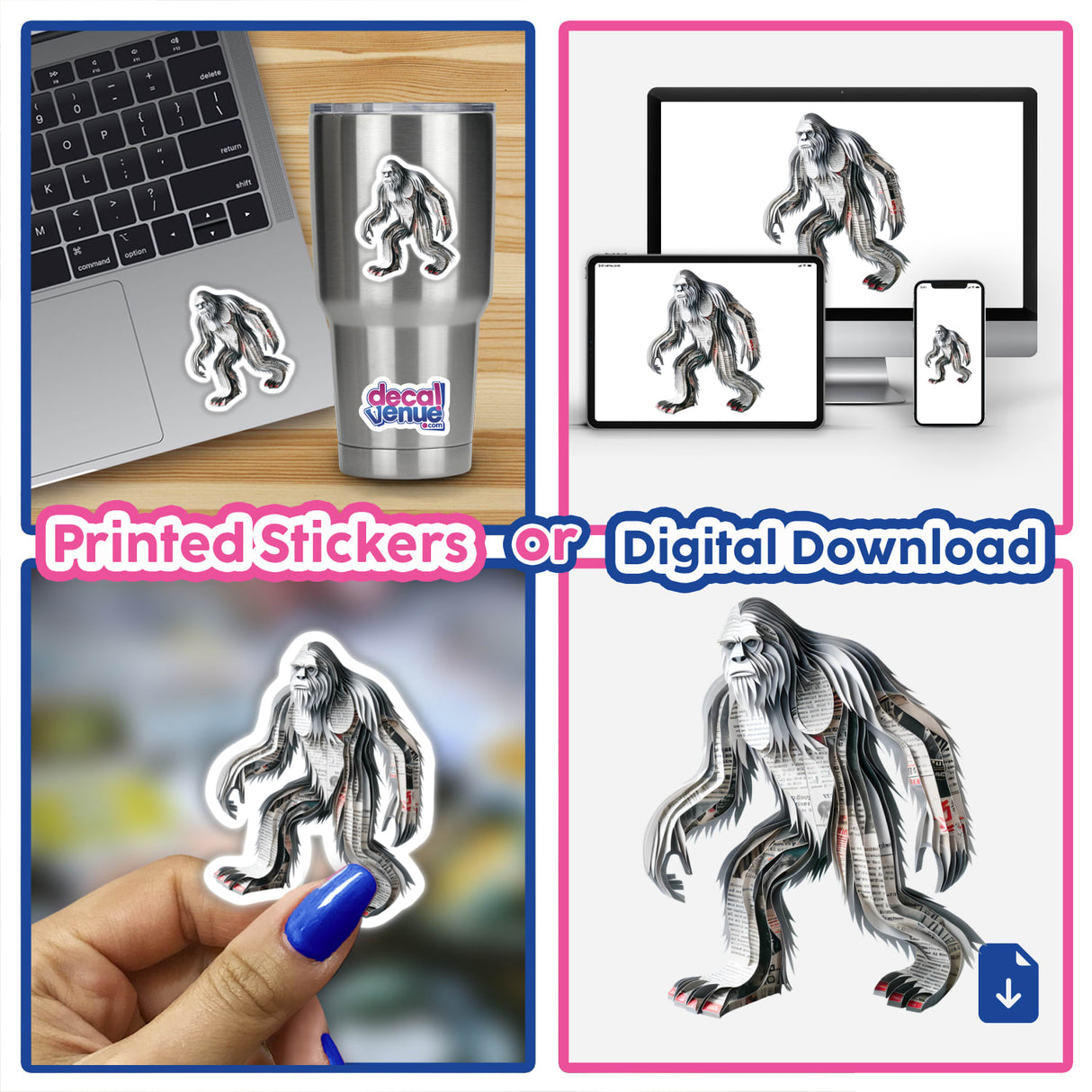 Sasquatch Newspaper Art product collage, featuring stickers and digital downloads, includes a laptop with a Sasquatch sticker, a paper cutout of Bigfoot, and a hand holding Bigfoot art.