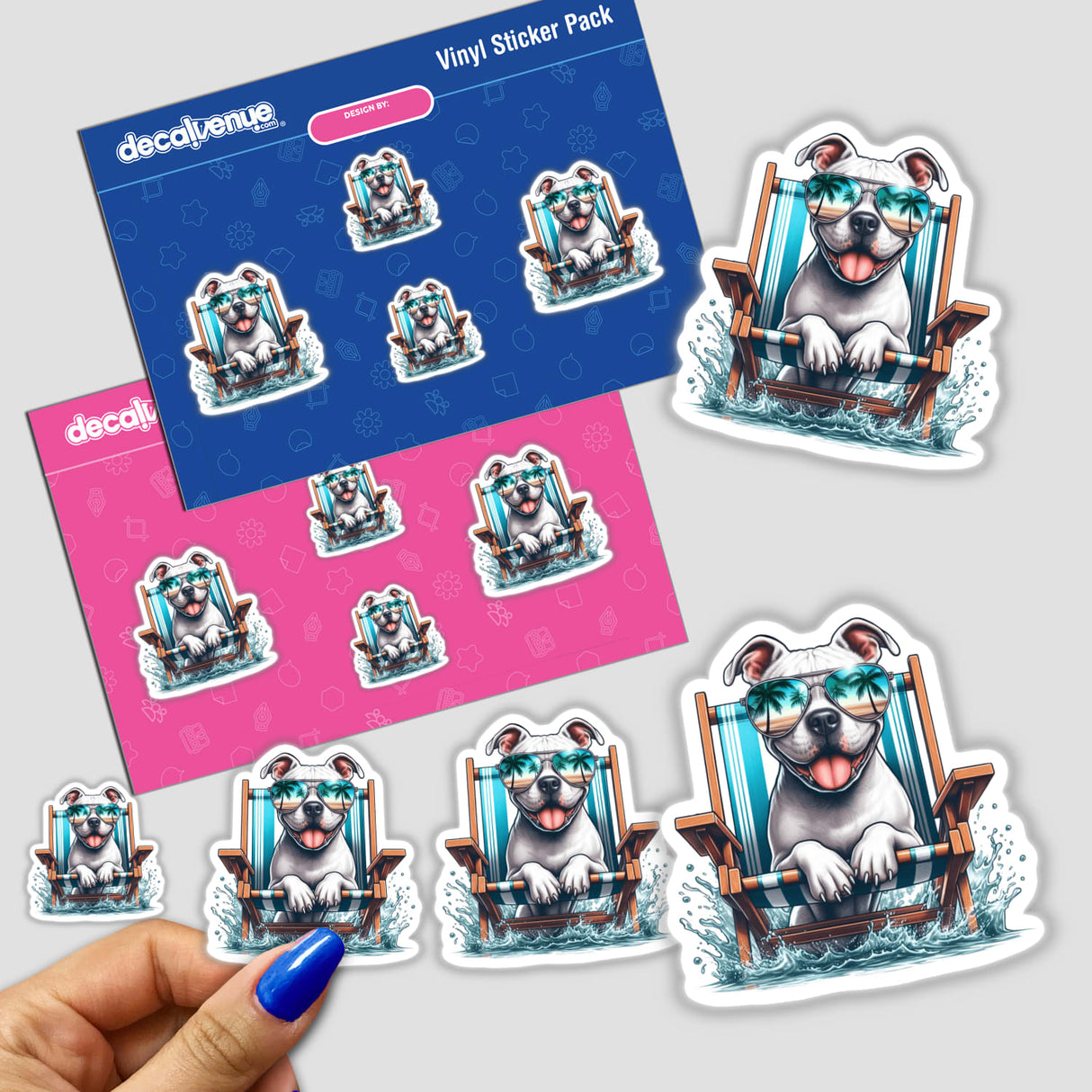 Peeking White Pitbull Sitting in Beach Chair sticker, featuring a cartoon dog wearing sunglasses, ideal for fans of unique vinyl stickers and digital art from Decal Venue.