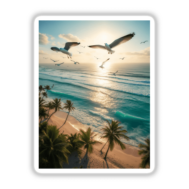 Ocean Breeze Seagulls Over Tropical Beach depicts seagulls soaring above a serene beach with palm trees, available as stickers or digital artwork from Decal Venue's unique collection.