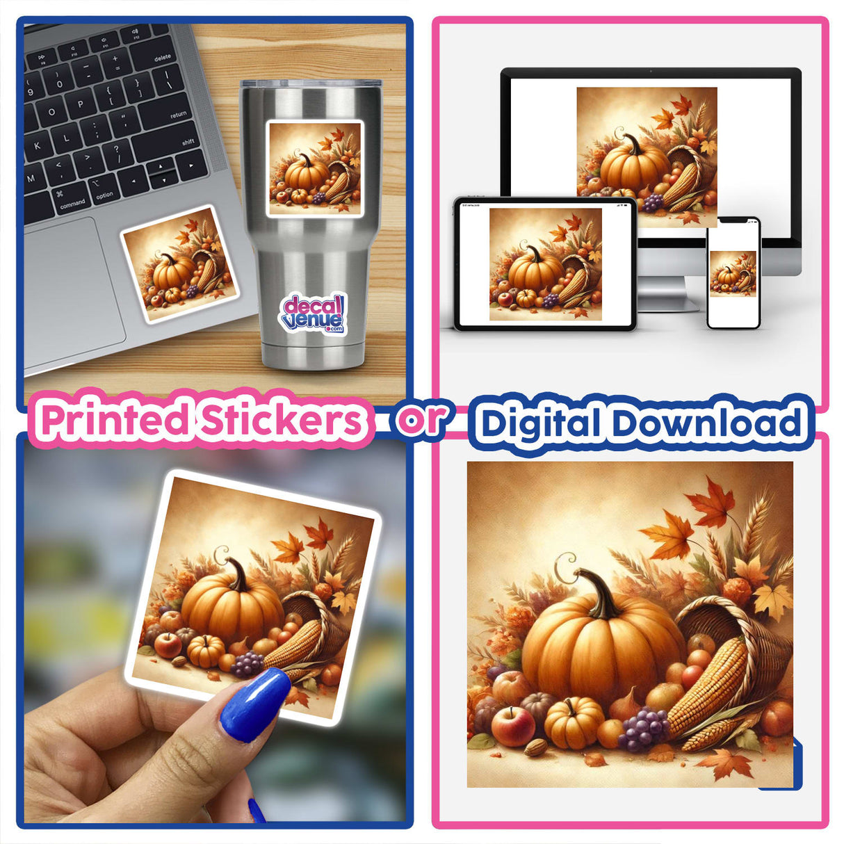 Harvest Glow - Thanksgiving Pumpkin and Cornucopia digital artwork featuring a laptop displaying a pumpkin image, a hand holding a pumpkin cornucopia, and a collage of Thanksgiving-themed visuals.