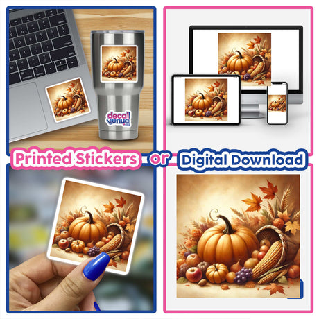 Harvest Glow - Thanksgiving Pumpkin and Cornucopia digital artwork featuring a laptop displaying a pumpkin image, a hand holding a pumpkin cornucopia, and a collage of Thanksgiving-themed visuals.