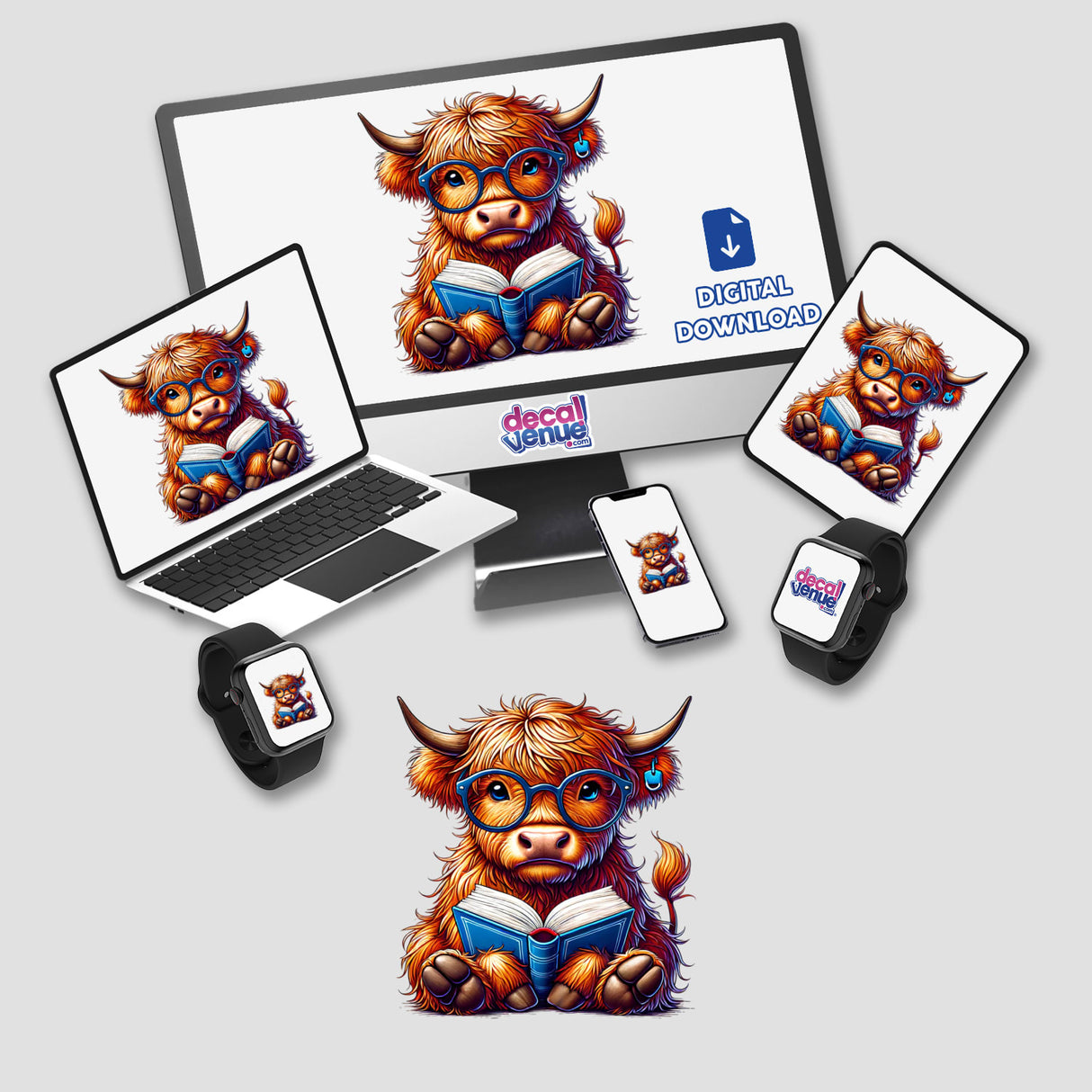 Highland Cow With Reading Glasses Open Book