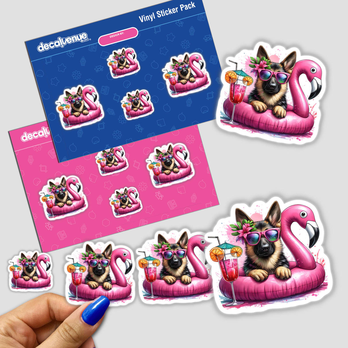 Cheerful German shepherd puppy on flamingo float sticker pack, ideal for expressing your style with unique digital art from Ella Designz.