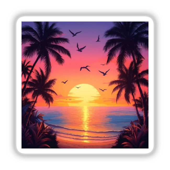 Vibrant Sunset Seagulls Over Tropical Beach: Stickers or digital art depicting a scenic sunset with palm trees and seagulls soaring above a serene beach, capturing a tranquil tropical atmosphere.