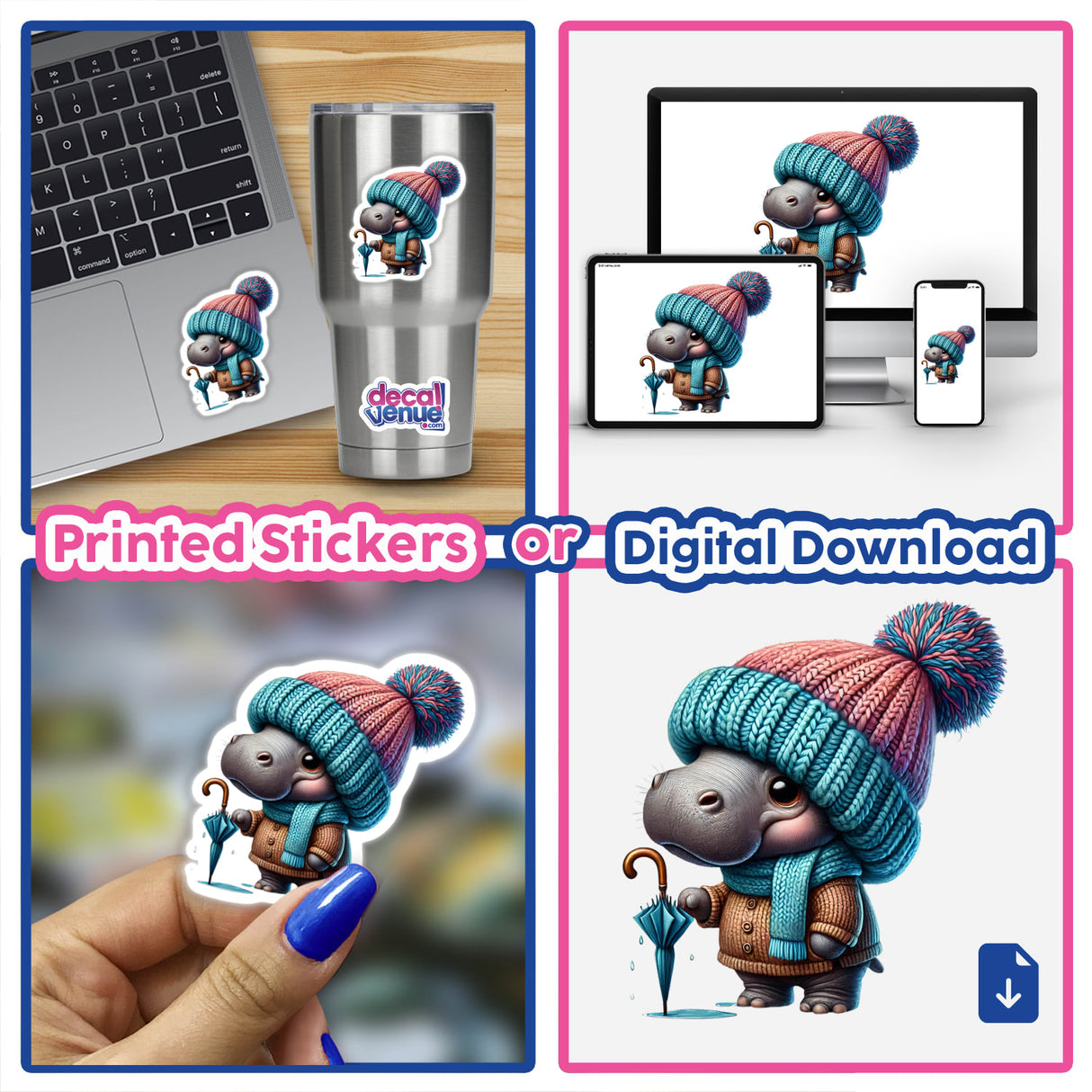 Hippo Gnome with Umbrella, available as Stickers or Digital Artwork, cute hippo in winter attire holding an umbrella, perfect for laptops, tumblers, and digital devices.