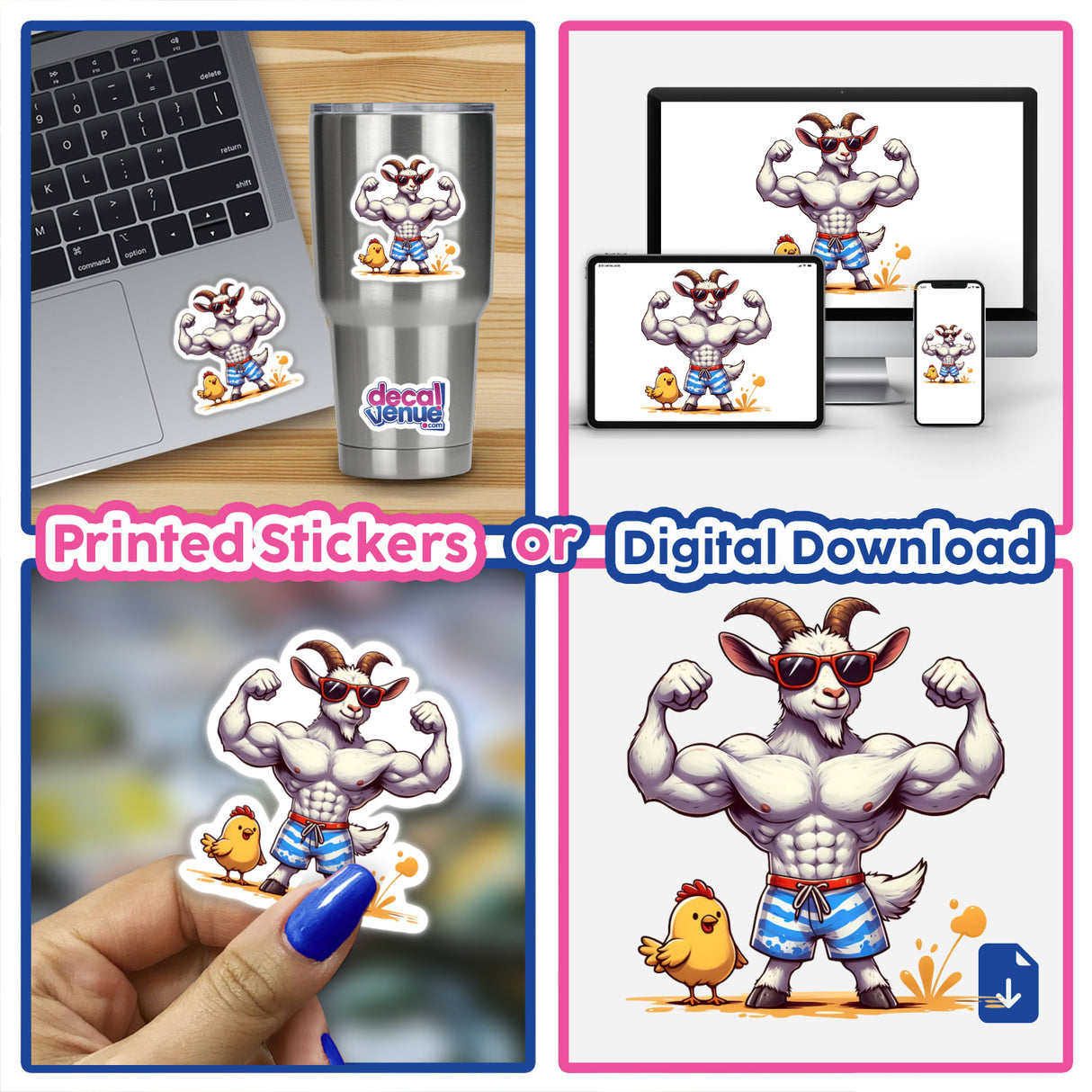 Flexing Muscular Goat and Chickie stickers featuring a cartoon goat in sunglasses and shorts alongside a red-feathered chicken, available as unique vinyl stickers or digital artwork from Decal Venue.