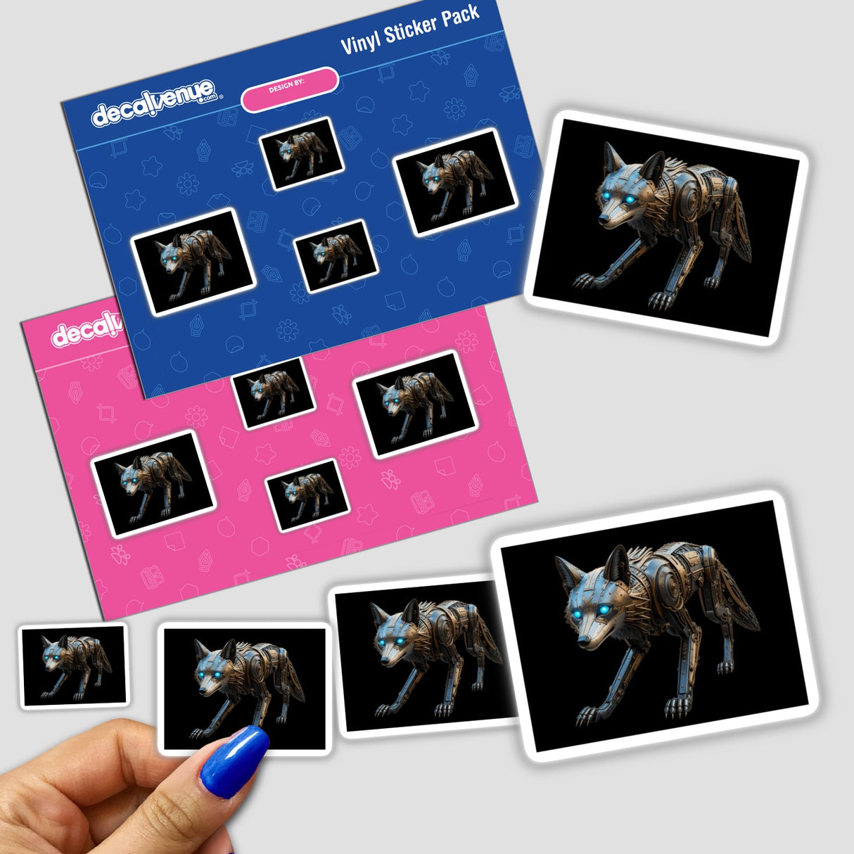 Steampunk Robotic Wolf sticker features a detailed depiction of a metal wolf with glowing blue eyes, ideal for fans of unique vinyl stickers and digital art from Decal Venue.