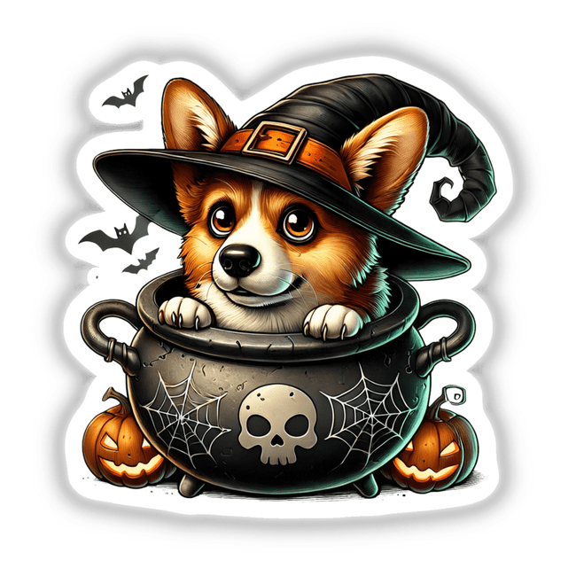 Cute corgi dog in witch's cauldron, wearing a Halloween hat with bats surrounding it, against a white background