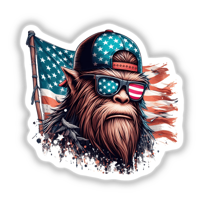Cartoon of a monkey wearing a hat and sunglasses, part of the Vintage American Flag Sasquatch collection, available as stickers or digital artwork.