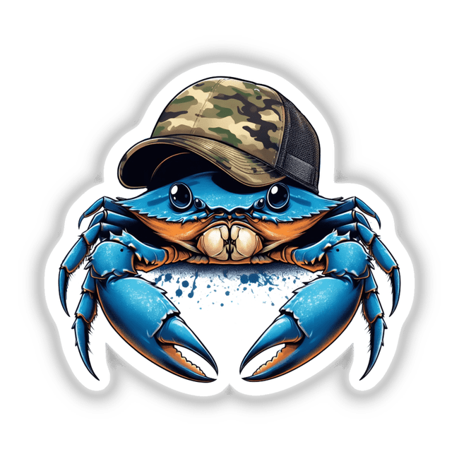 Blue Crab wearing Camo Trucker Hat, depicted as a cartoon character, available as stickers or digital artwork from Decal Venue, highlighting unique vinyl sticker and digital art offerings.