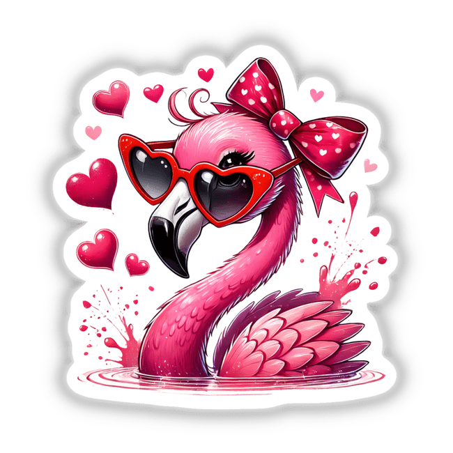 Valentine Flamingo: A whimsical cartoon flamingo wearing sunglasses, perfect for adding romantic charm to gifts or spaces with Ella Designz's unique vinyl stickers and digital art.