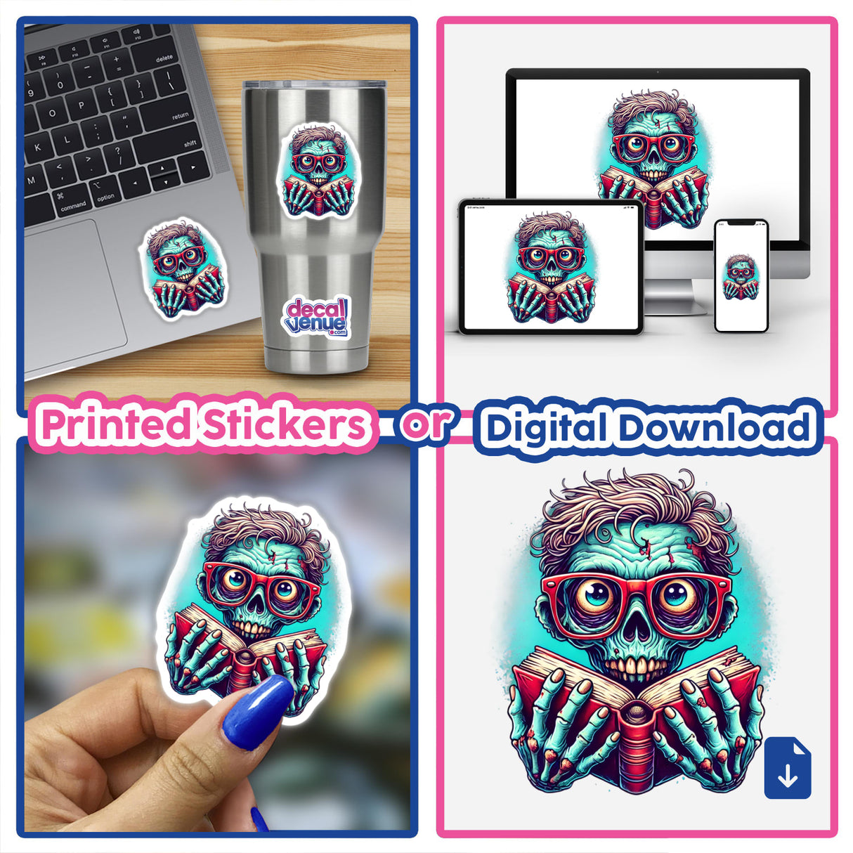 Vibrant zombie character wearing reading glasses and holding a book, featured on various digital and physical products including a laptop, tumbler, and mobile device.