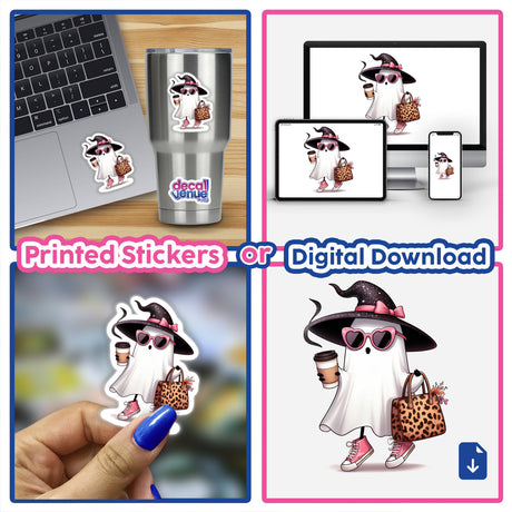 Boujee Ghost Leopard Tote and Sneakers stickers featuring a cartoon ghost holding a coffee cup and bag, displayed on a laptop and cup.