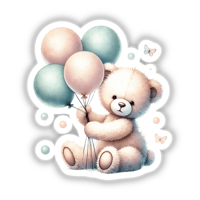 Watercolor Teddy Bear Holding Balloons, available as stickers or digital artwork, depicting a cute teddy bear grasping colorful balloons, blending whimsical charm with artistic detail.