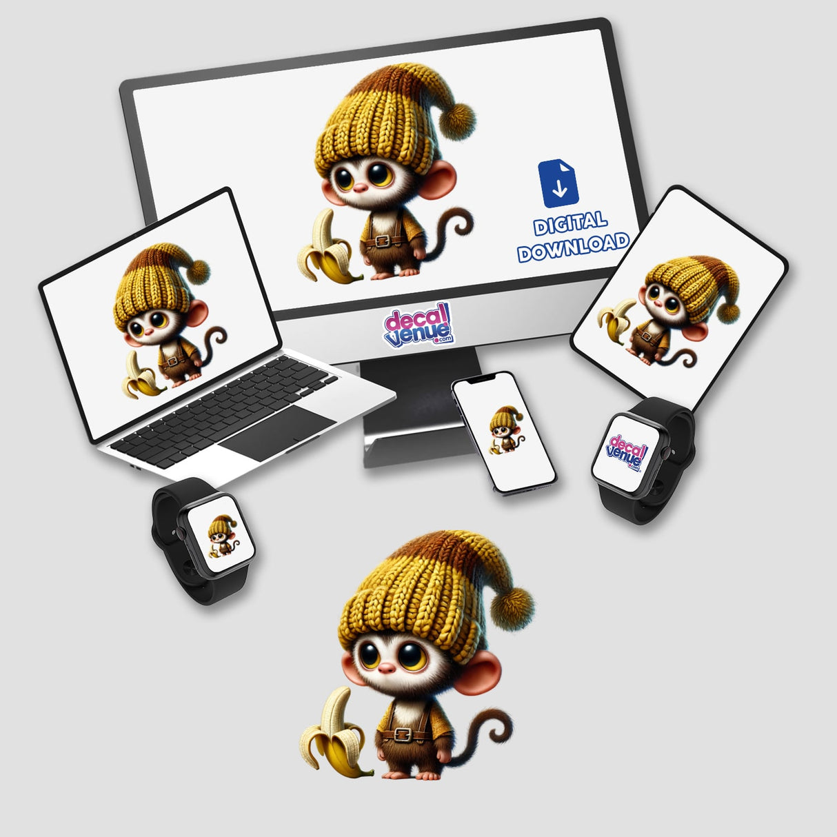 Monkey Gnome with Banana digital artwork displayed on a computer monitor, laptop, and smartwatch, featuring a cartoon monkey wearing a knitted hat and holding a banana. Available as stickers or digital artwork.