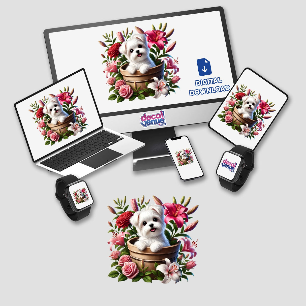 Maltese Dog Peeking Out of Flower Pot