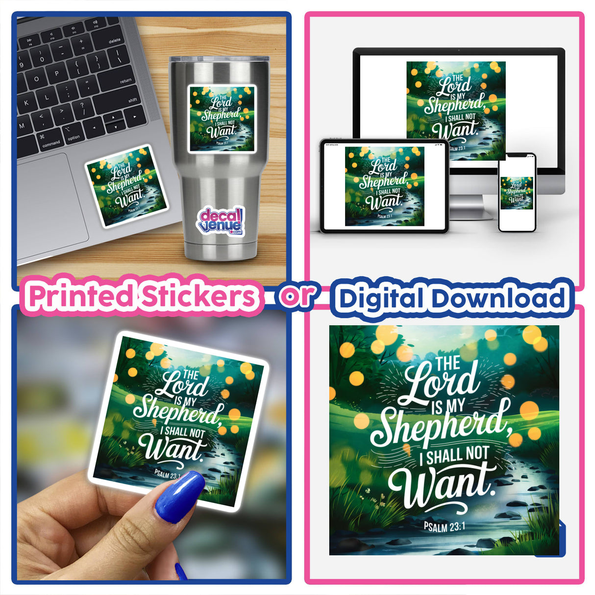 Collage featuring a laptop adorned with a Psalm 23:1 The Lord is my shepherd, I shall not want sticker, emphasizing its availability as a unique vinyl sticker from Decal Venue.