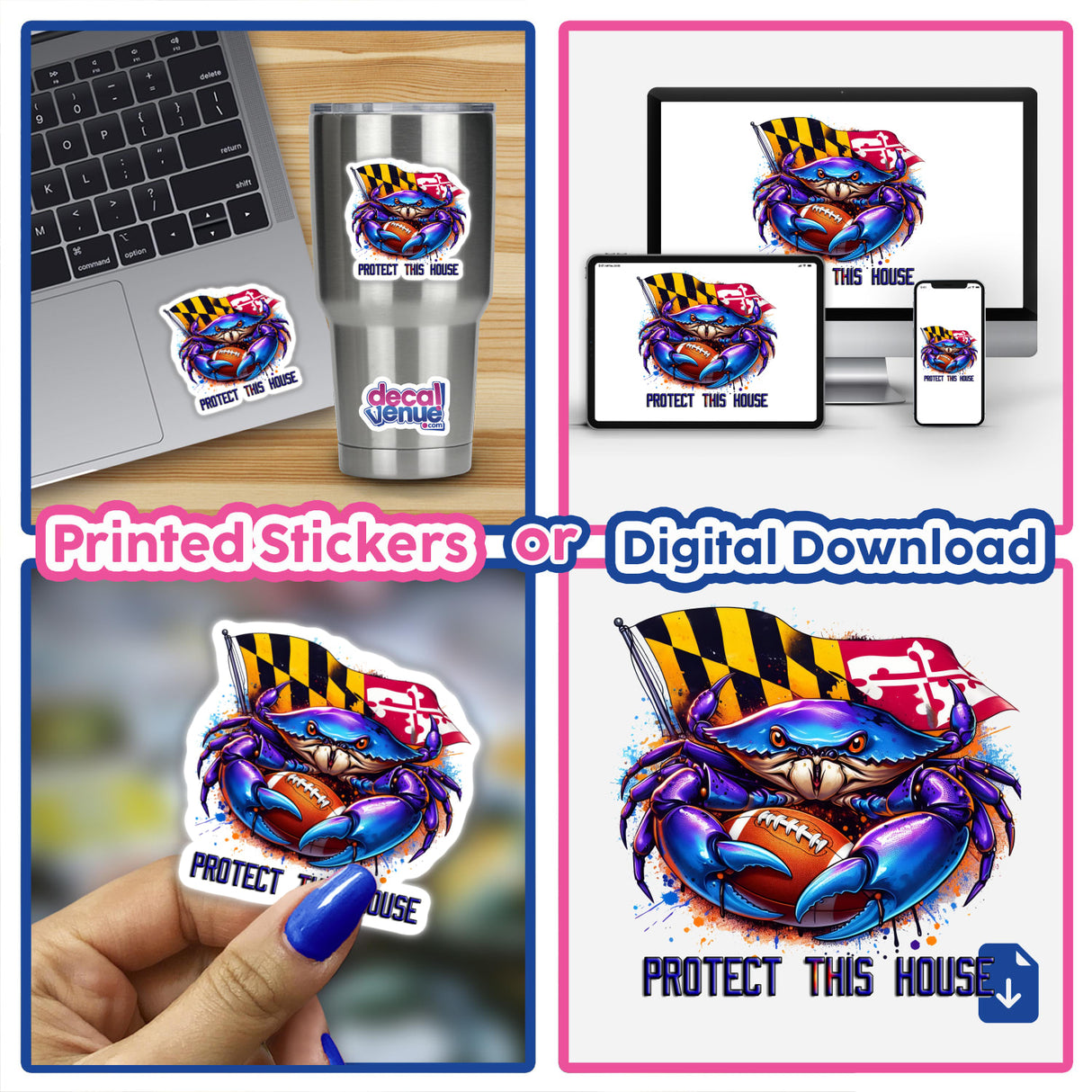Maryland Flag Purple Football Crab Protect this House sticker and digital file, featuring a blue crab with a football, shown on laptop, tumbler, and as digital downloads, embodying Decal Venue's unique vinyl art.