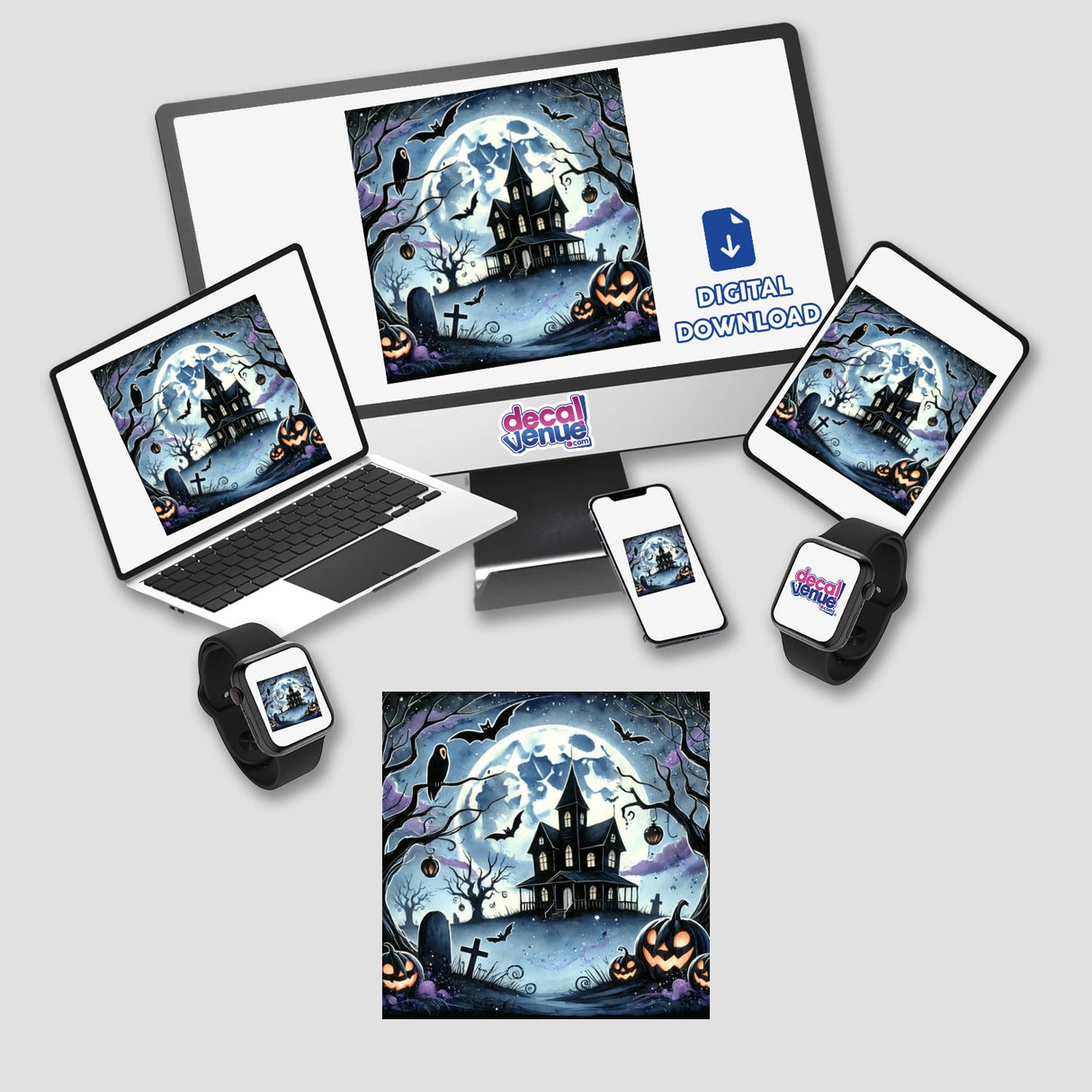 Halloween Night - Haunted House and Moonlit Sky digital artwork displayed on a computer, laptop, tablet, and phone, featuring a haunted house, pumpkins, bats, and a full moon. Available as stickers or digital art.
