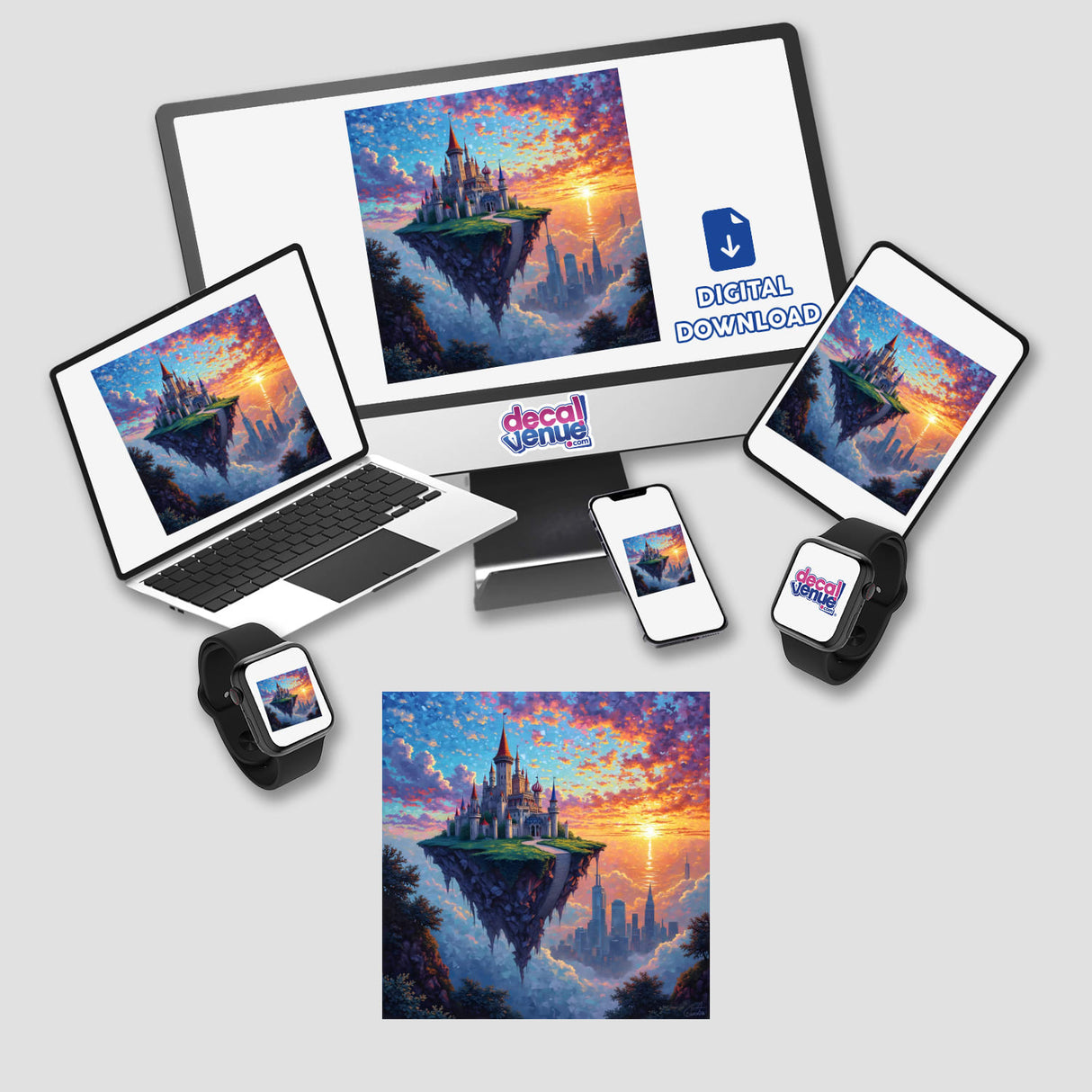 Floating Crystal Castle with City Skyline Glass Mosaic Scene displayed on a computer monitor, laptop, tablet, phone, and smartwatch screens. Available as Stickers or Digital Artwork from Decal Venue.